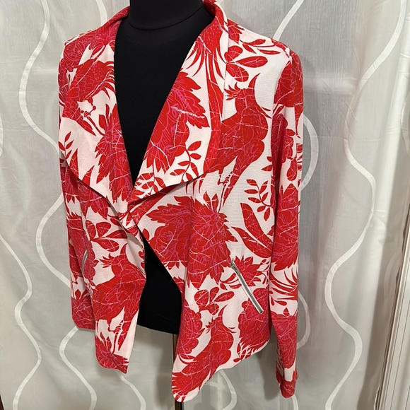 Sky’s The Limit, Red & White, Floral Print, Open Front Jacket, Size Medium - Picture 2 of 8